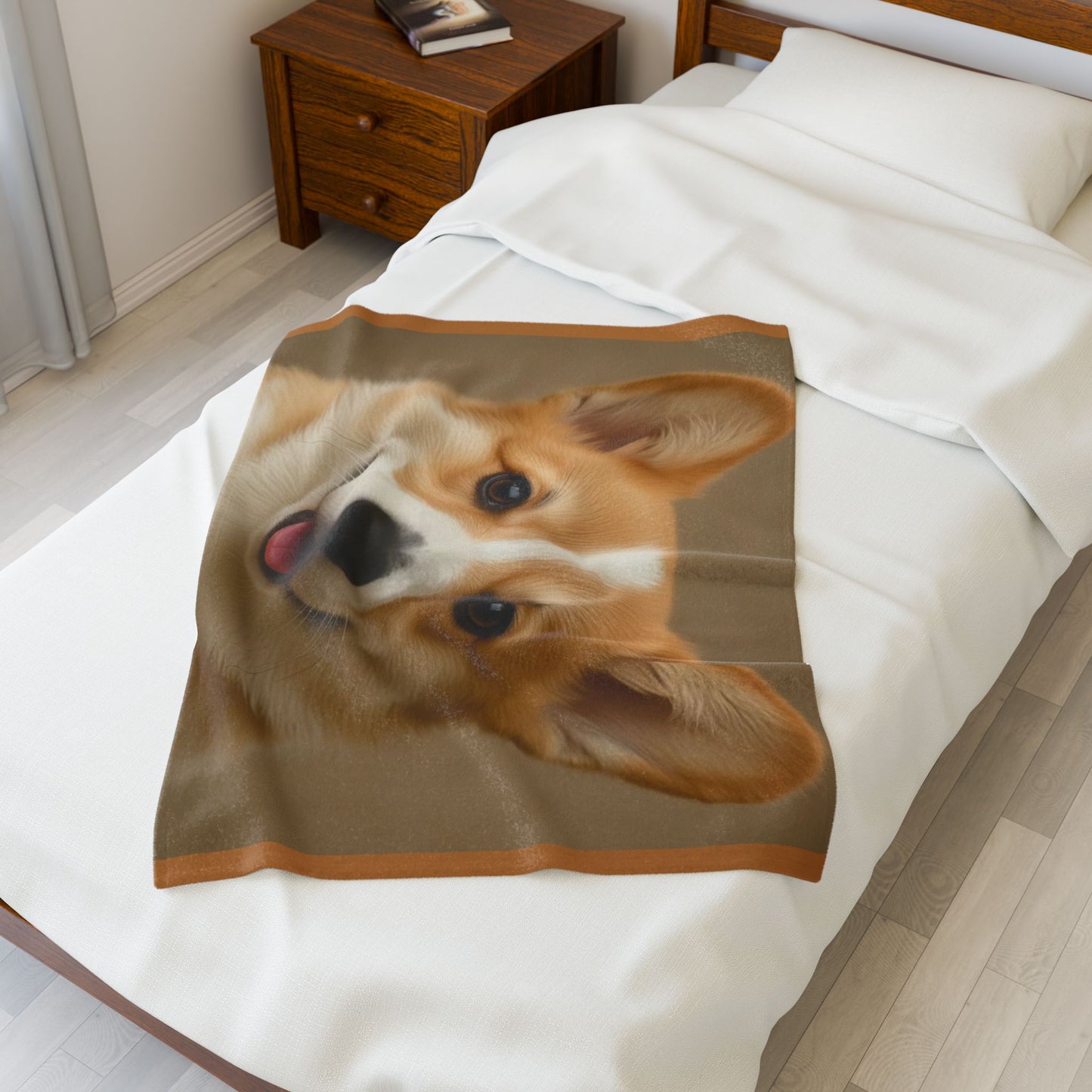 Smiling Corgi Face Velveteen Plush Blanket | Dog Portrait Throw