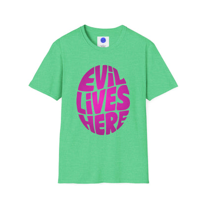 Evil Lives Here Halloween T-shirt, Spooky Retro Style, Mens