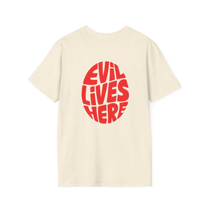Evil Lives Here Halloween T-shirt, Spooky Retro Style, Mens