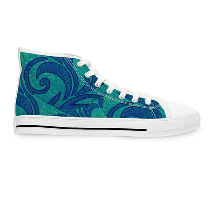Teal Blue Swirl Pattern Women's High Top Sneakers | Abstract Floral Wave Design