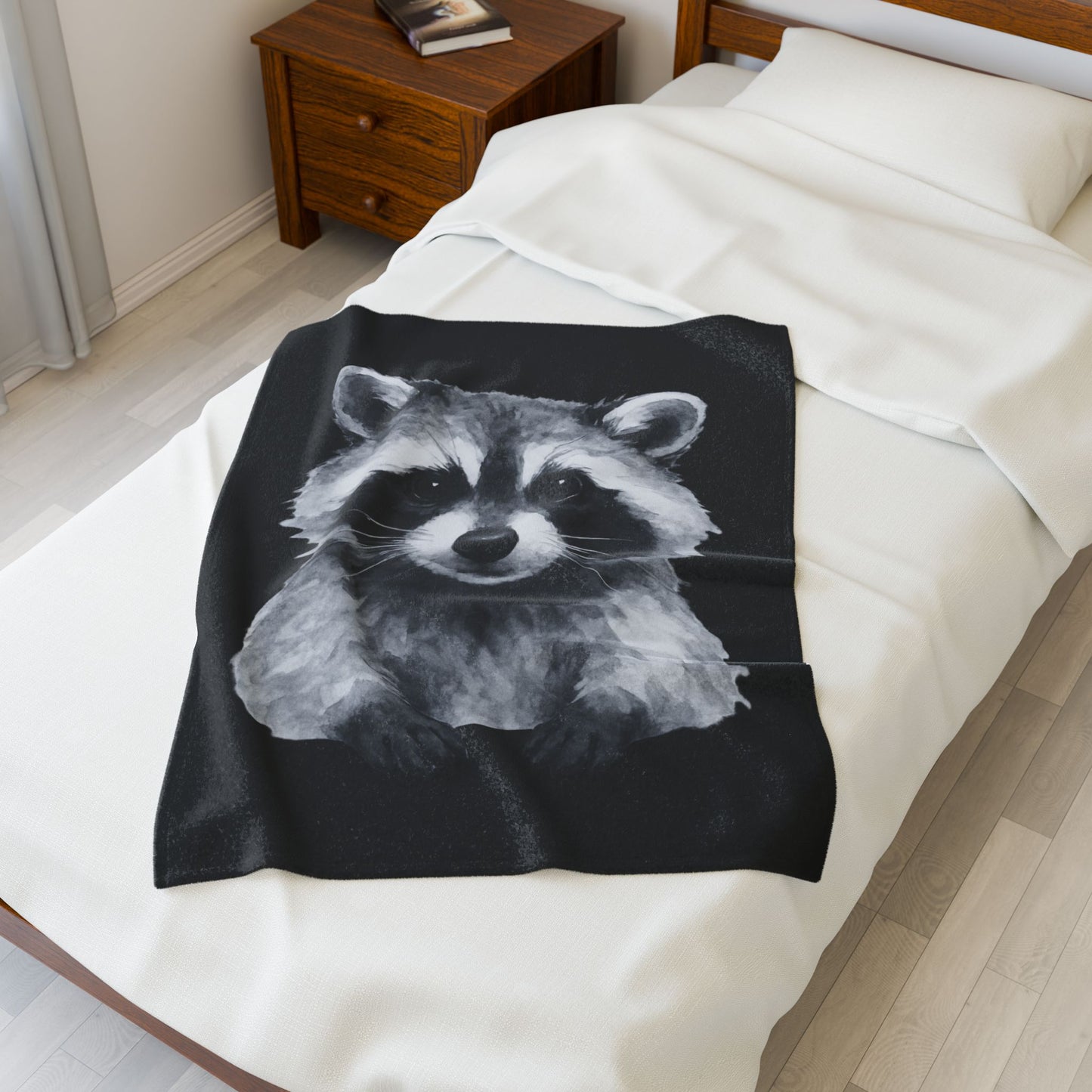 Black and White Raccoon Velveteen Plush Blanket | Cute Animal Face Throw