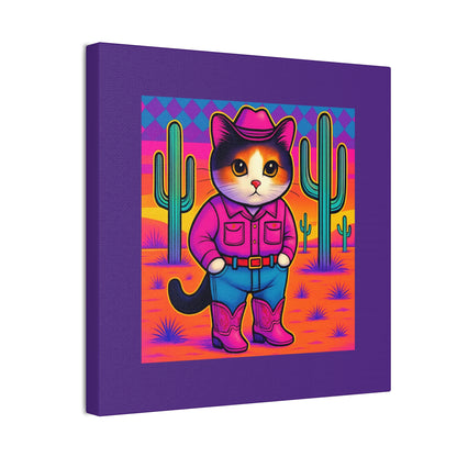 Bright Colored Cowboy Cat with Cactus Canvas stretched 8x8