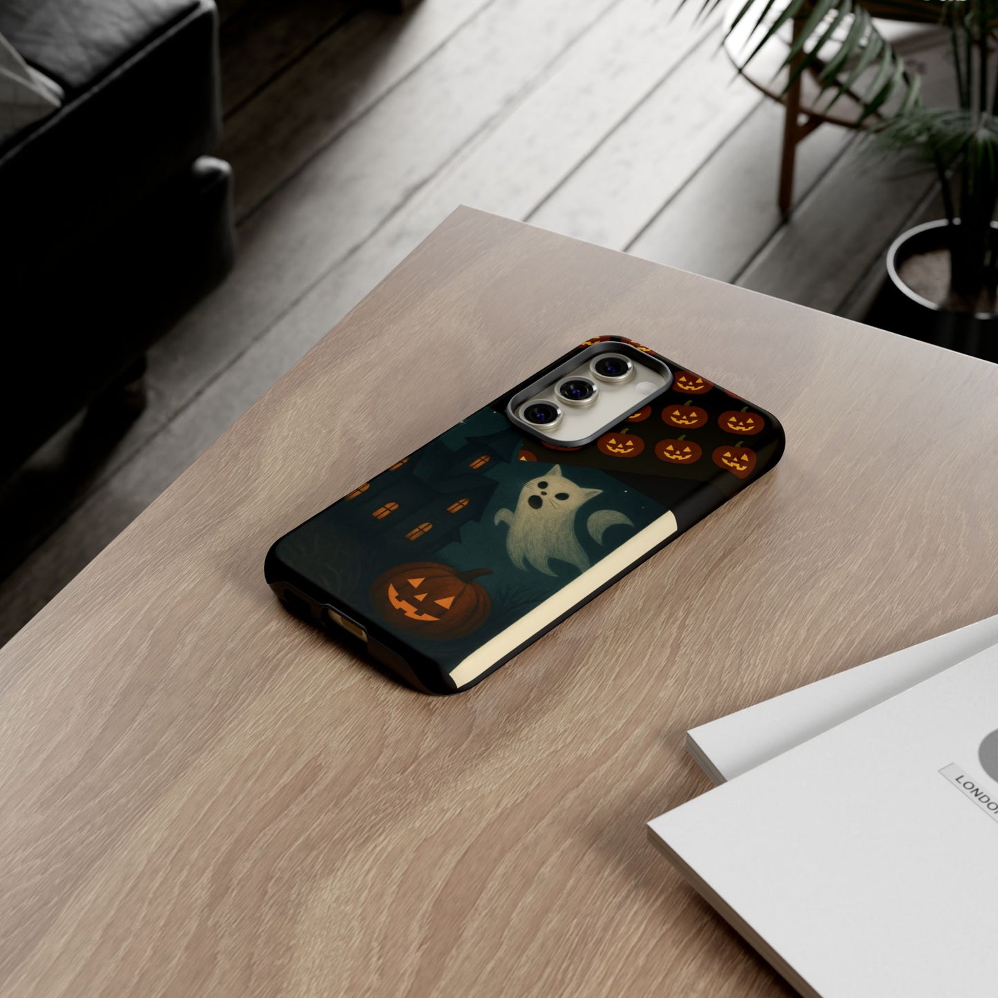 Phone Case, Halloween Haunted House Cat Ghost  iPhone 16, 15, 14, Pixel 8, 6 Samsung Galaxy 25, 24, 23