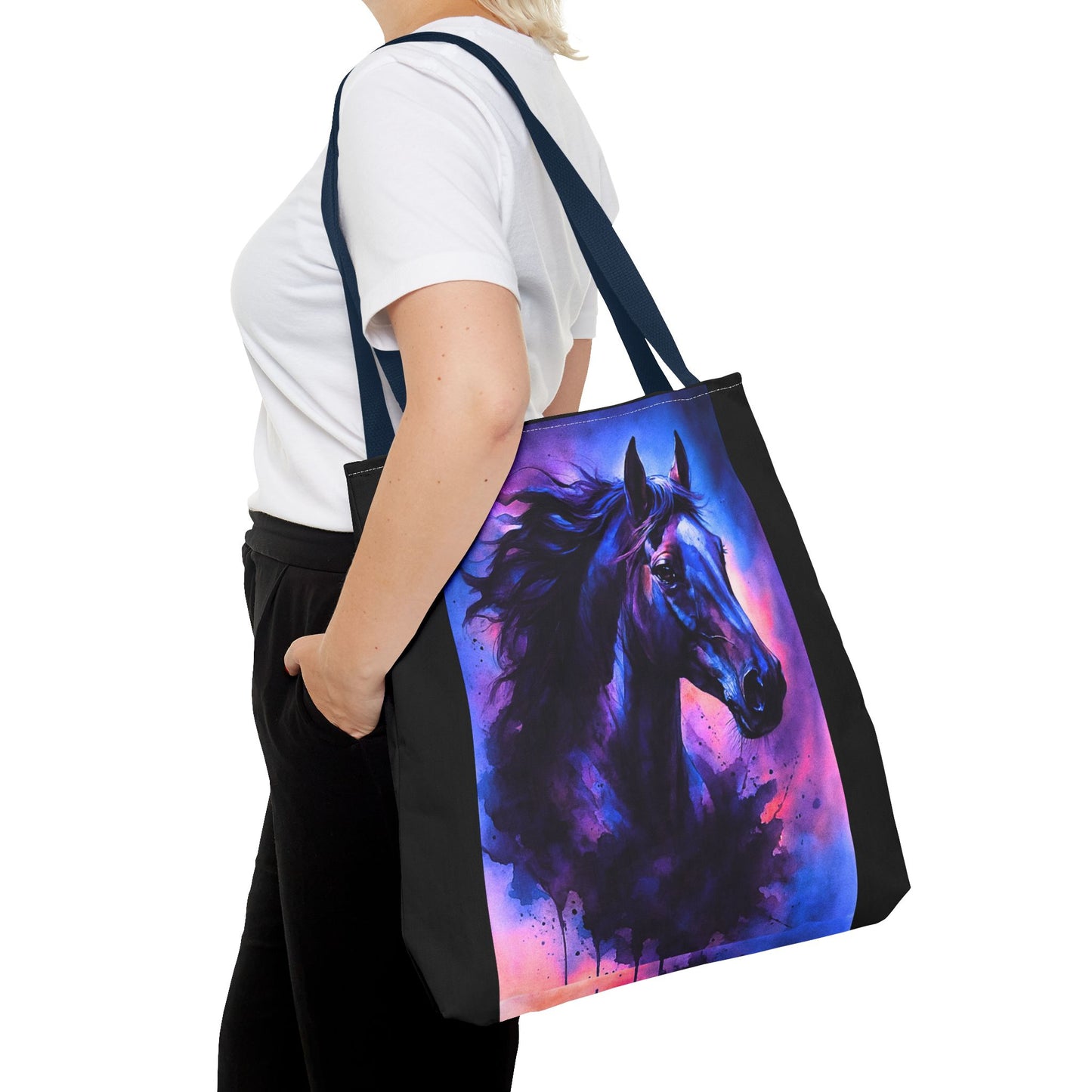 Bold Horse Tote Bag, Vibrant Blue & Purple Wild Spirit Artwork