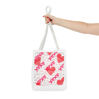 Red Scribble Hearts Tote Bag | Love Phrase Pattern