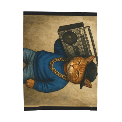Retro Boombox Cat Velveteen Plush Blanket | Vintage Hip-Hop Kitty Throw