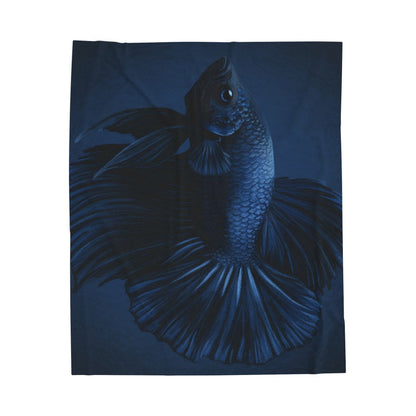 Blue Betta Fish Velveteen Plush Blanket | Dark Aquatic Fish Illustration
