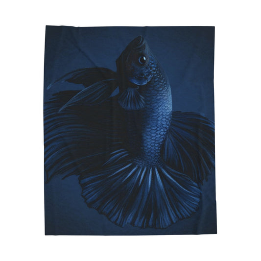 Blue Betta Fish Velveteen Plush Blanket | Dark Aquatic Fish Illustration