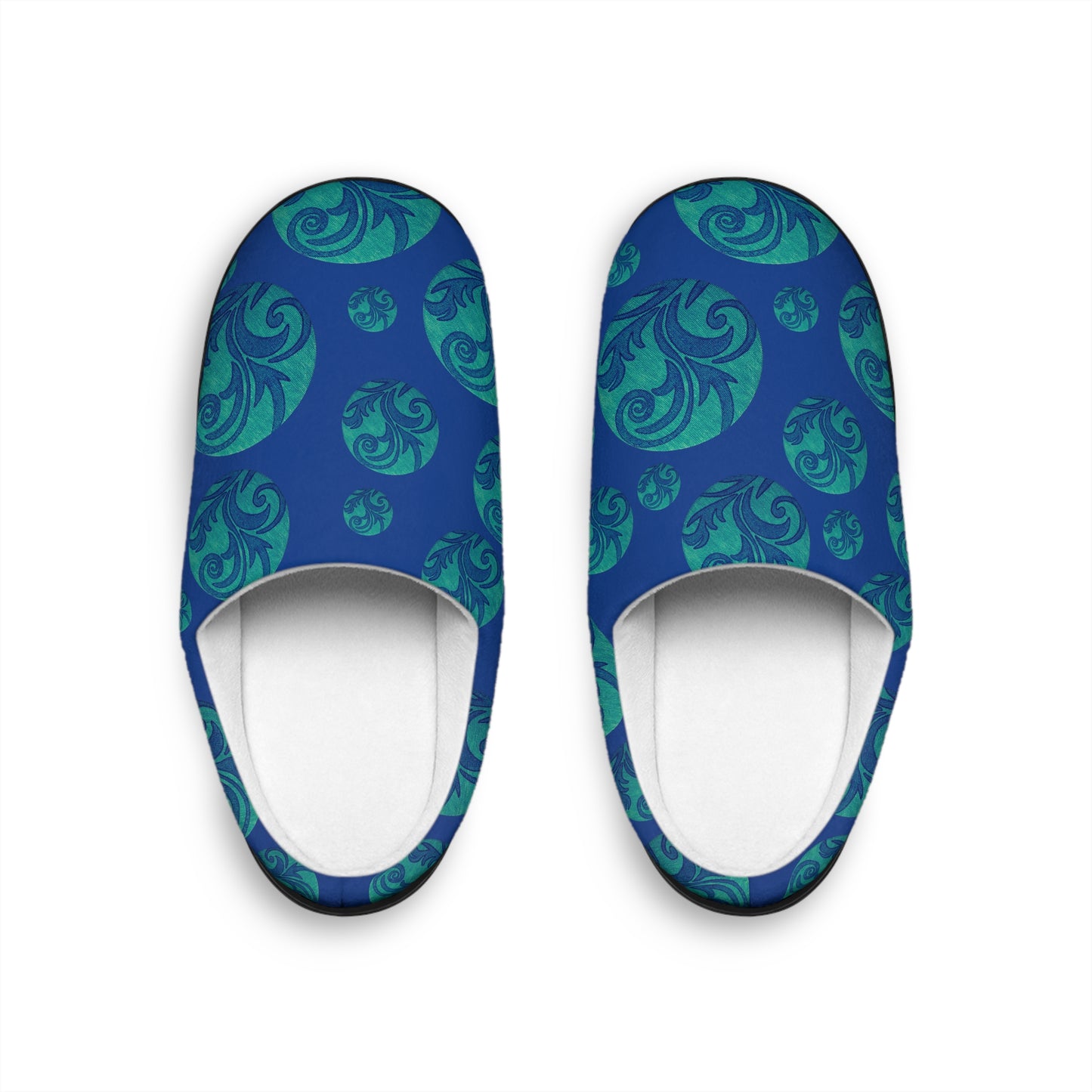 Teal Swirl Pattern Women's Indoor Slippers | Blue Floral Circle Design