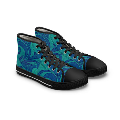 Teal Blue Swirl Pattern Women's High Top Sneakers | Abstract Floral Wave Design