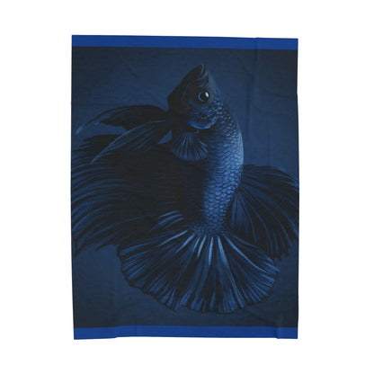 Blue Betta Fish Velveteen Plush Blanket | Dark Aquatic Fish Illustration