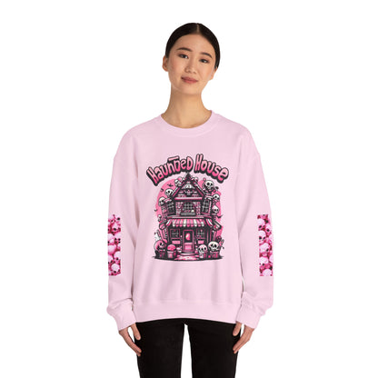 Haunted House Skull Sweatshirt Pink - Spooky Cute Pink & Black Aesthetic, Men, Women, Pink Skull,