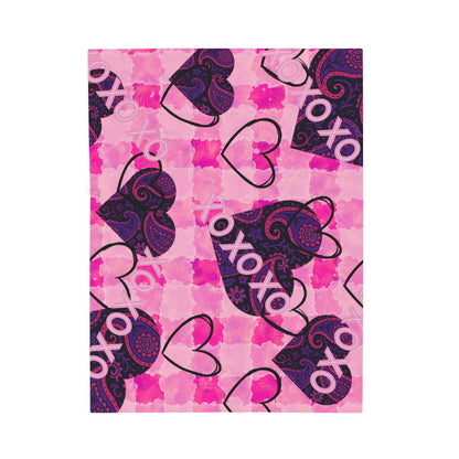 XOXO Heart Pattern Velveteen Plush Blanket | Pink Paisley Hearts Throw