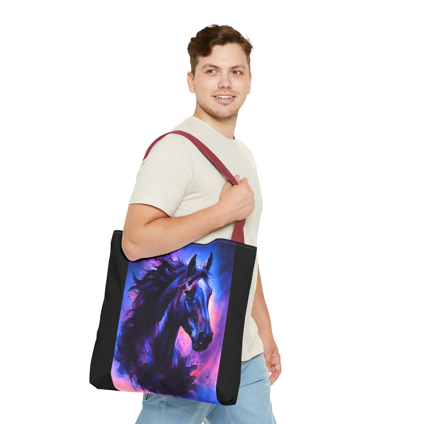 Bold Horse Tote Bag, Vibrant Blue & Purple Wild Spirit Artwork