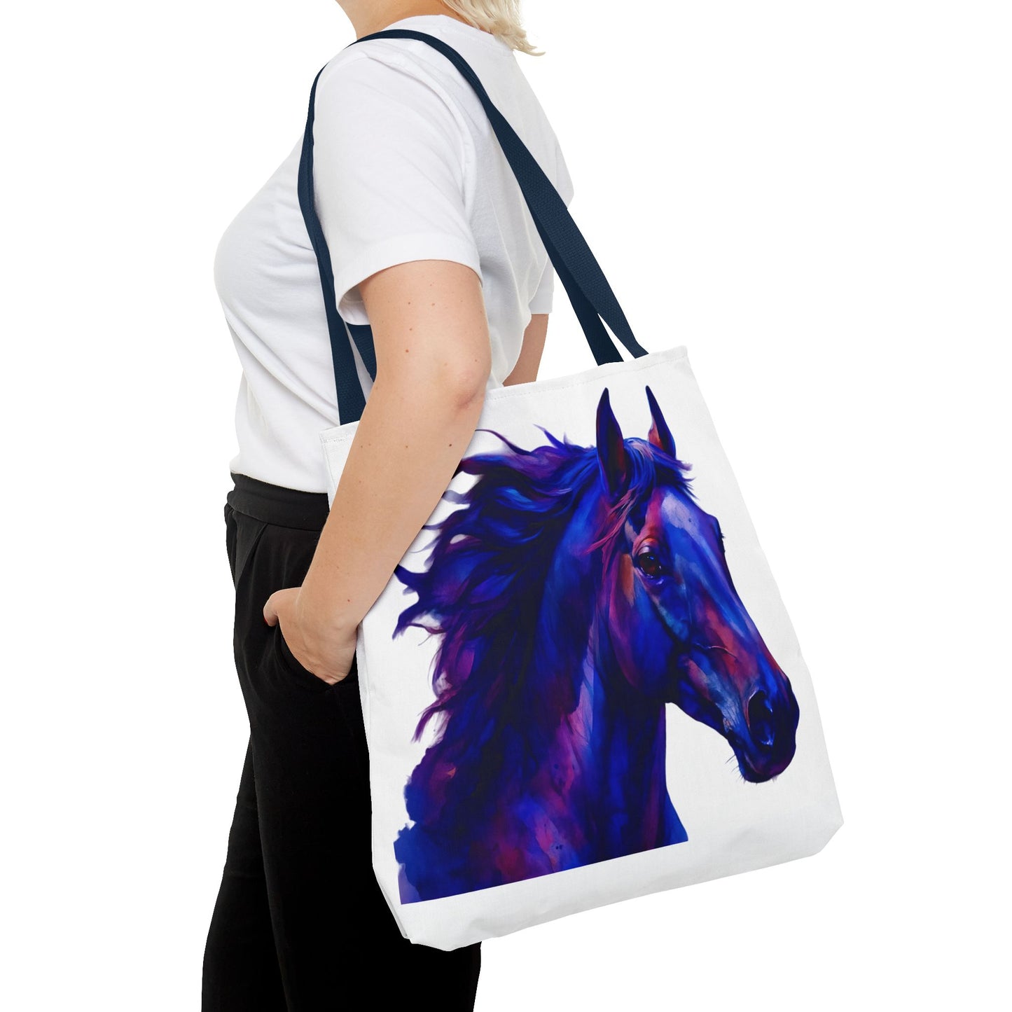 Bold Horse Tote Bag, Vibrant Blue & Purple Wild Spirit Artwork