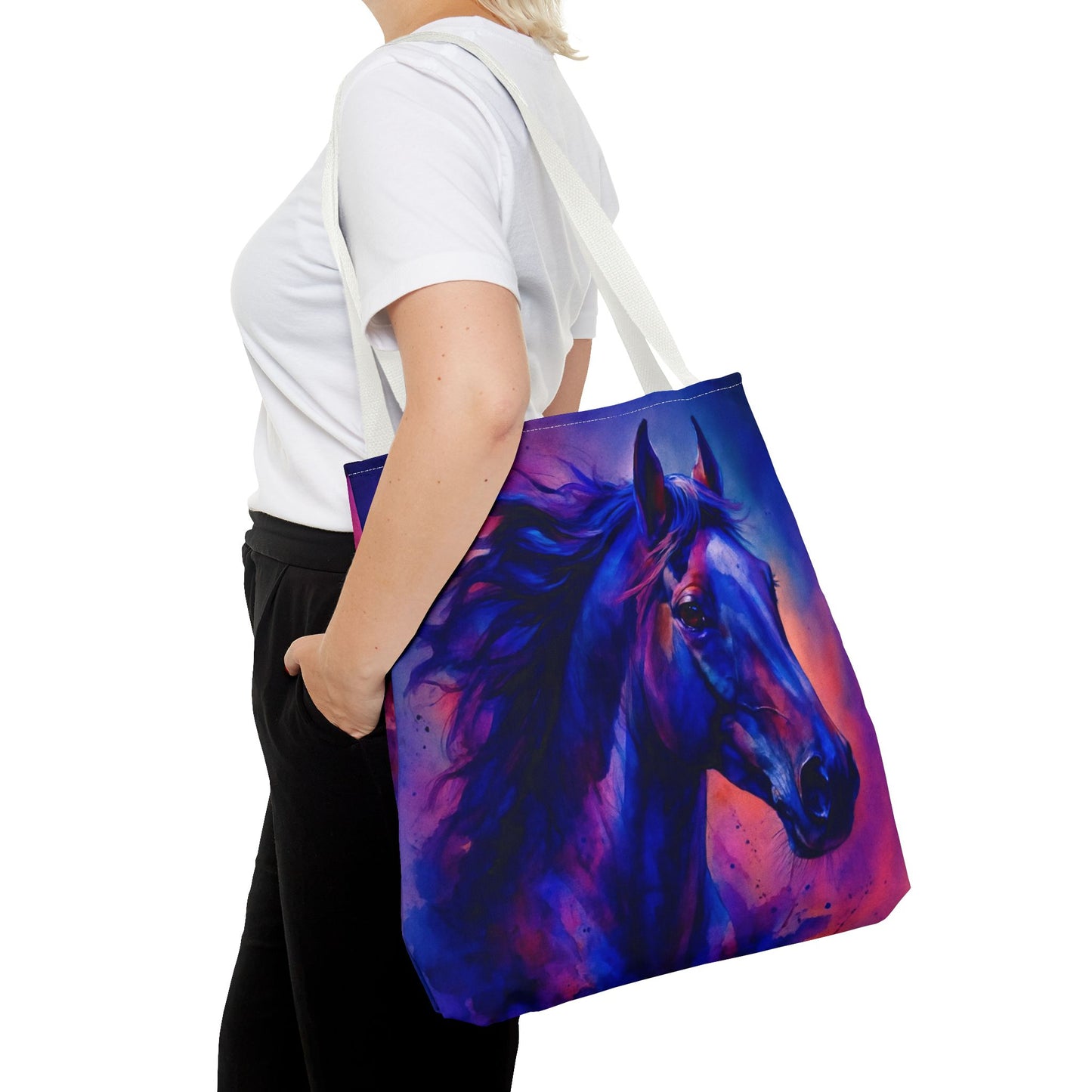 Bold Horse Tote Bag, Vibrant Blue & Purple Wild Spirit Artwork