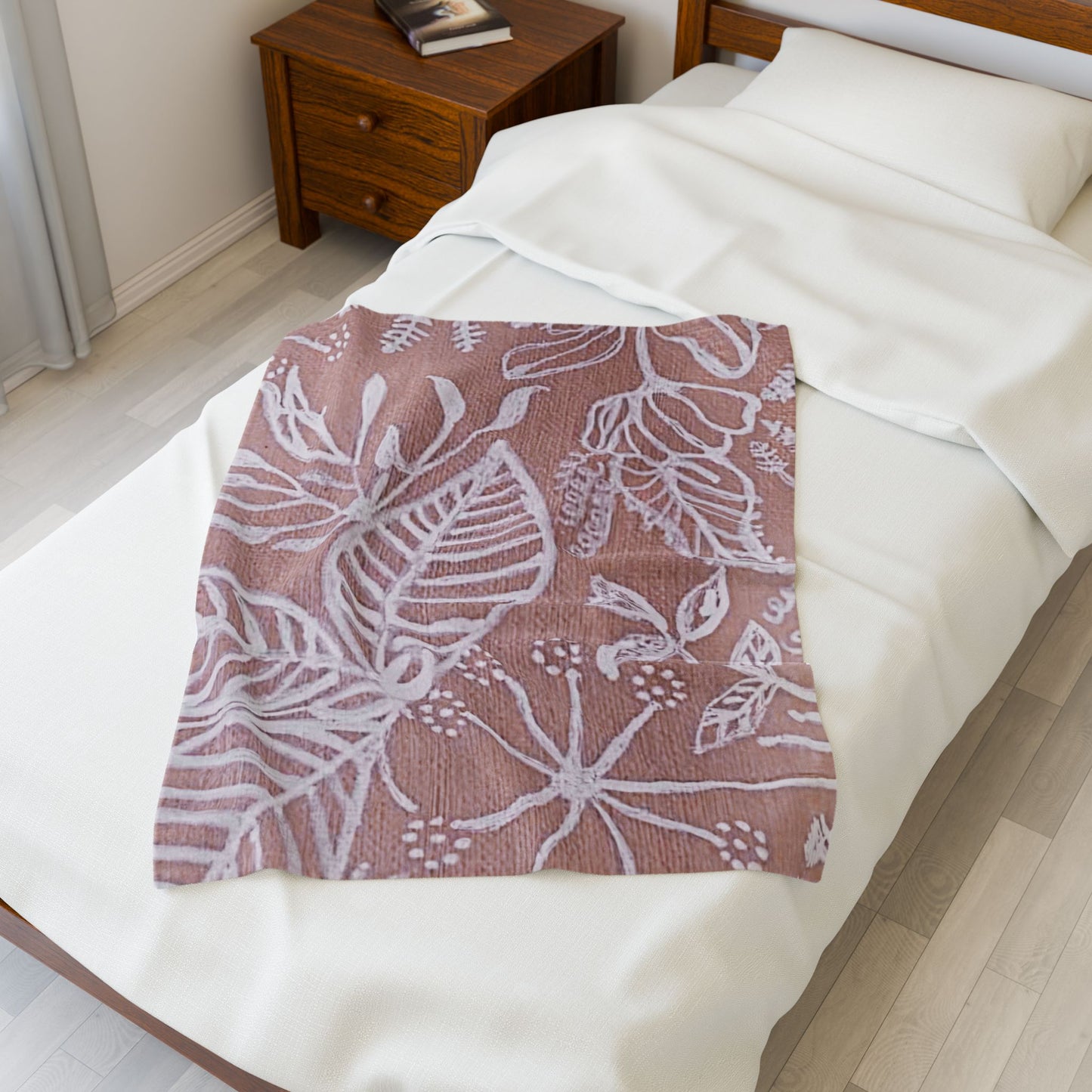 Blush Botanical Leaves Velveteen Plush Blanket | White Floral Outline