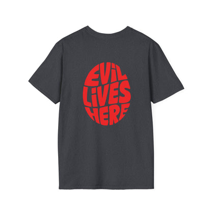 Evil Lives Here Halloween T-shirt, Spooky Retro Style, Mens