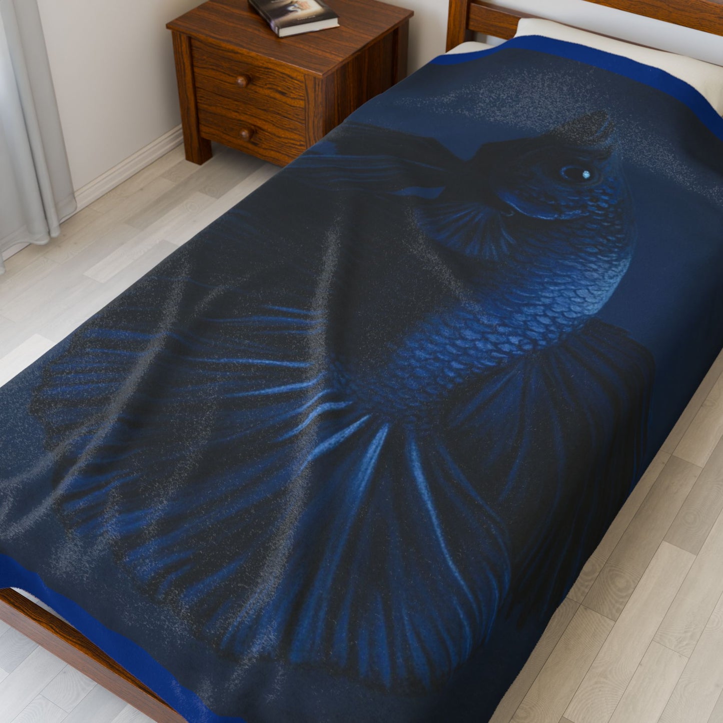 Blue Betta Fish Velveteen Plush Blanket | Dark Aquatic Fish Illustration