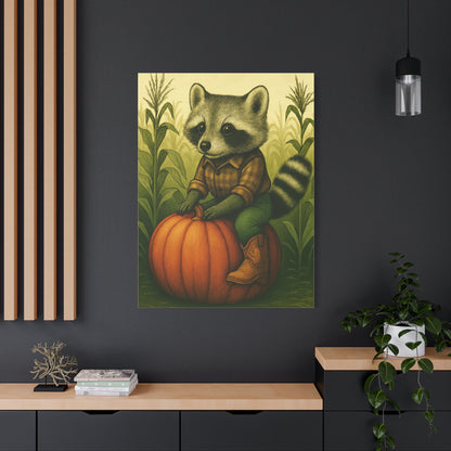 Matte Canvas Cowboy Harvest Raccoon on Pumpkin in Cornfield Green 8x10 - many sizes