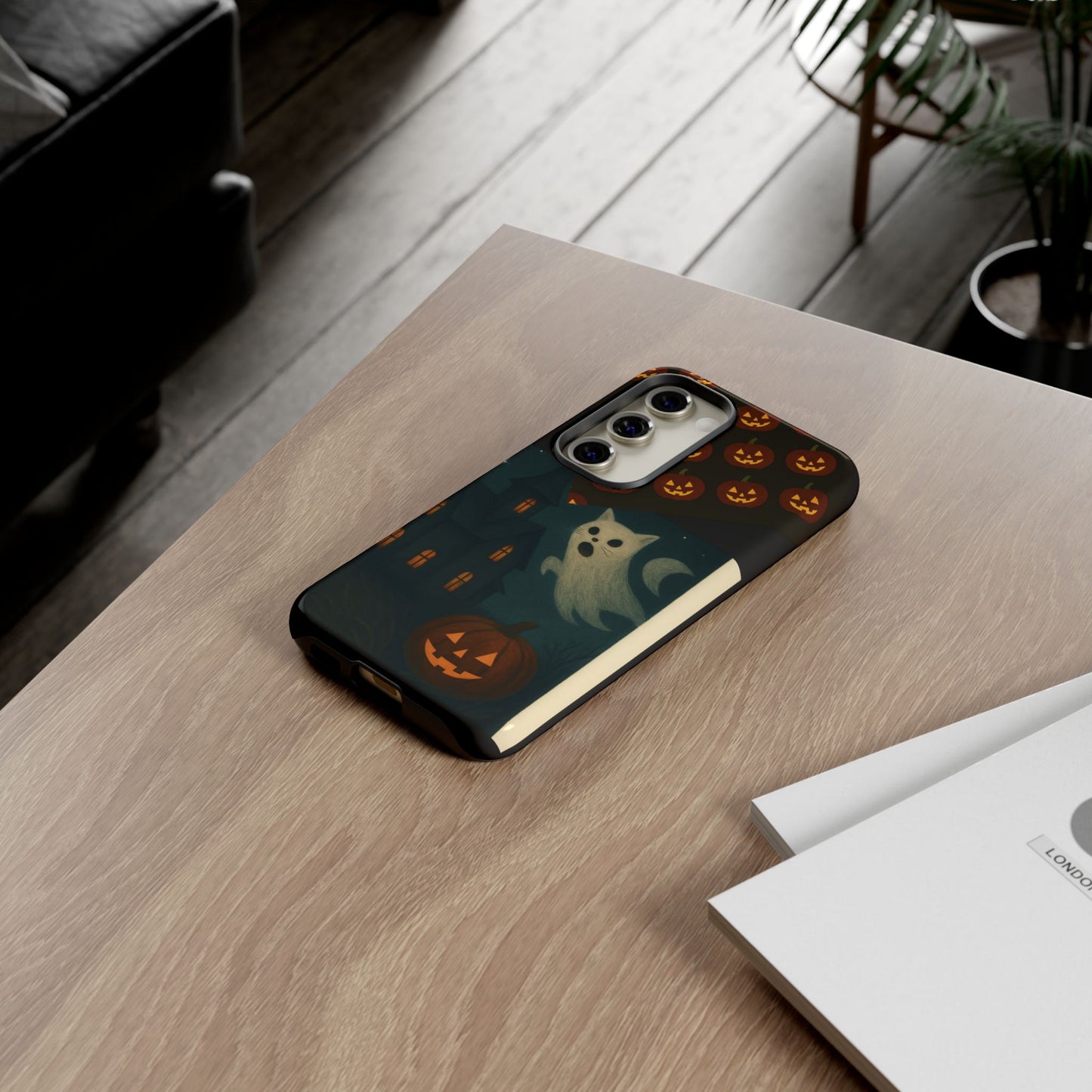 Phone Case, Halloween Haunted House Cat Ghost  iPhone 16, 15, 14, Pixel 8, 6 Samsung Galaxy 25, 24, 23
