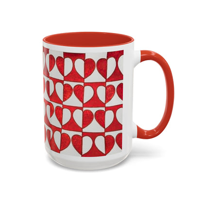 Red Heart Pattern Accent Coffee Mug | Checkerboard Valentine Ceramic Mug