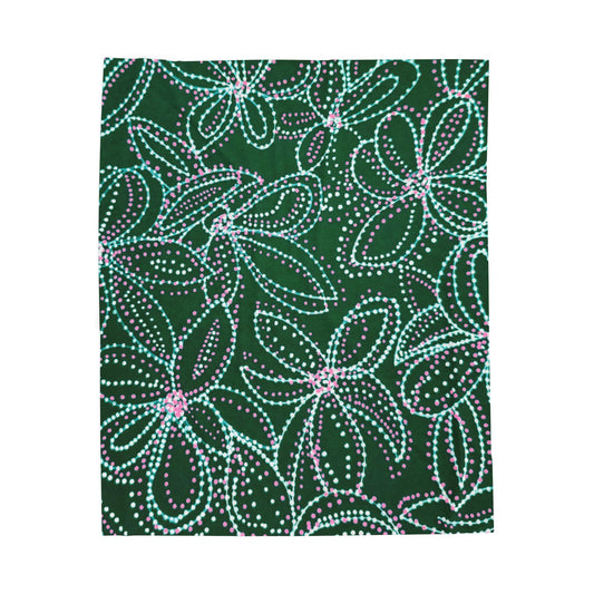 Teal Dot Floral Pattern Velveteen Plush Blanket | Green Flower Dotted Design