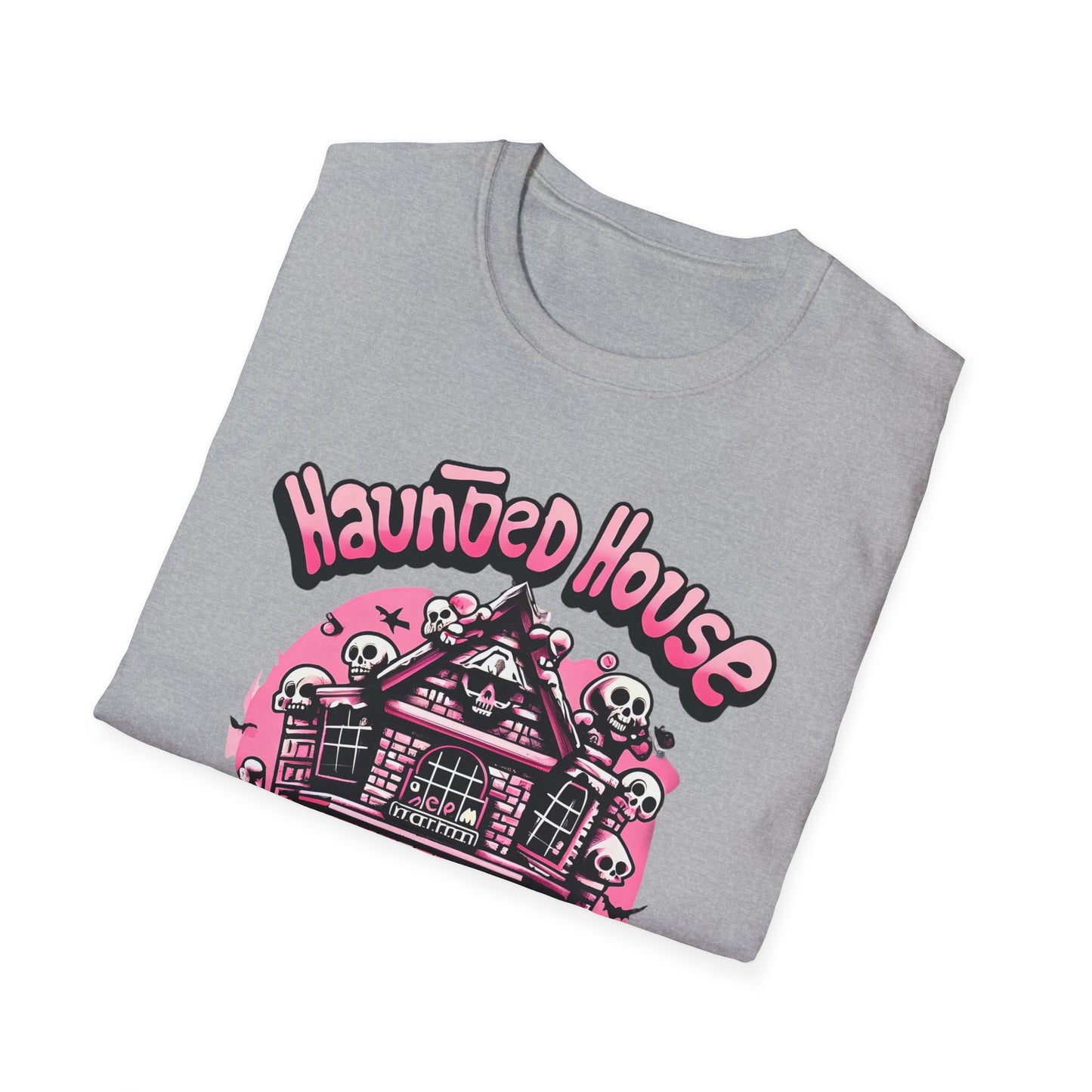 Haunted House Halloween T-Shirt  Pink Spooky Gothic Unisex Softstyle T-Shirt Men Women Teen College Student Highschool