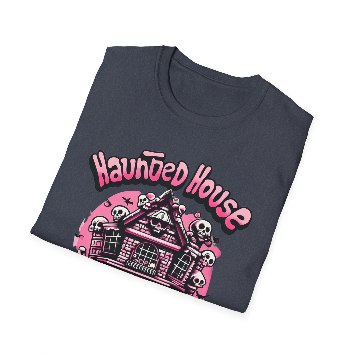 Haunted House Halloween T-Shirt  Pink Spooky Gothic Unisex Softstyle T-Shirt Men Women Teen College Student Highschool