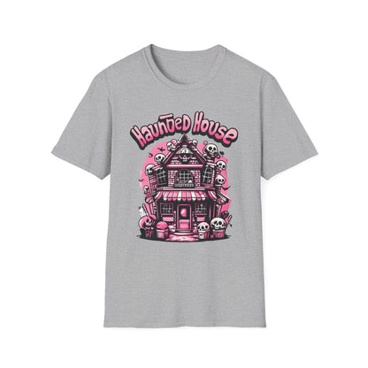 Haunted House Halloween T-Shirt  Pink Spooky Gothic Unisex Softstyle T-Shirt Men Women Teen College Student Highschool