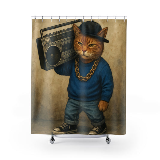 Hip Hop Cat Shower Curtain  Funny Boombox Bathroom Decor Shower Curtains (matching hand towel sold separately)