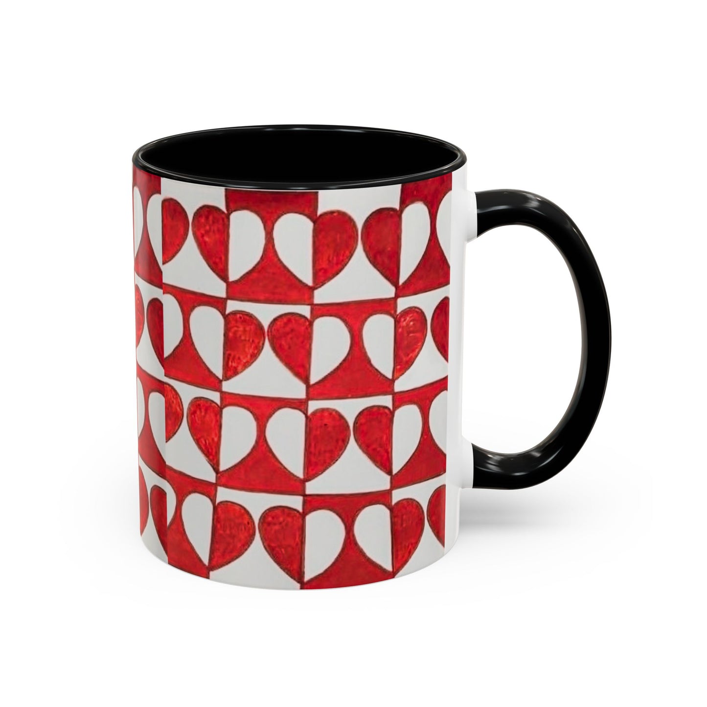 Red Heart Pattern Accent Coffee Mug | Checkerboard Valentine Ceramic Mug