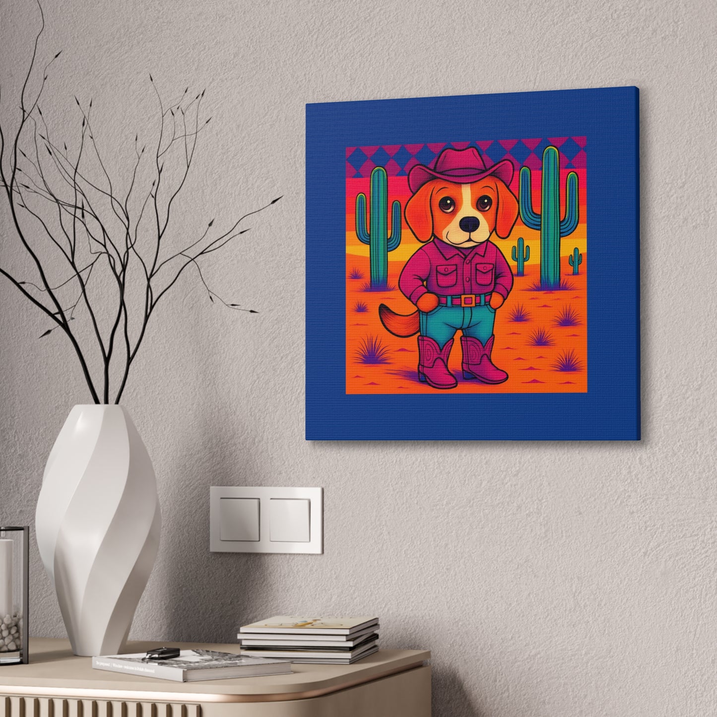 Canvas Stretched, Bright Colored Cowboy Dog in Desert Cactus, Cute Whimsical Wall Art, Home Decor, Western Animal Print, Dog Lover Gift