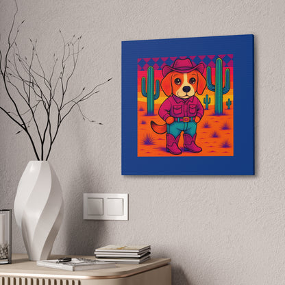 Canvas Stretched, Bright Colored Cowboy Dog in Desert Cactus, Cute Whimsical Wall Art, Home Decor, Western Animal Print, Dog Lover Gift