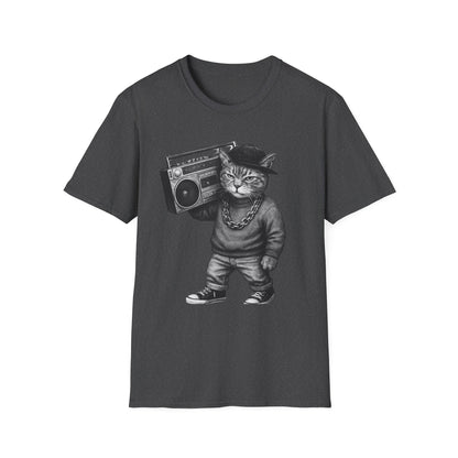 Black & White Boombox Cat T Shirt Hip Hop Streetwear Graphic Tee for Music Lovers Unisex Soft style T Shirt