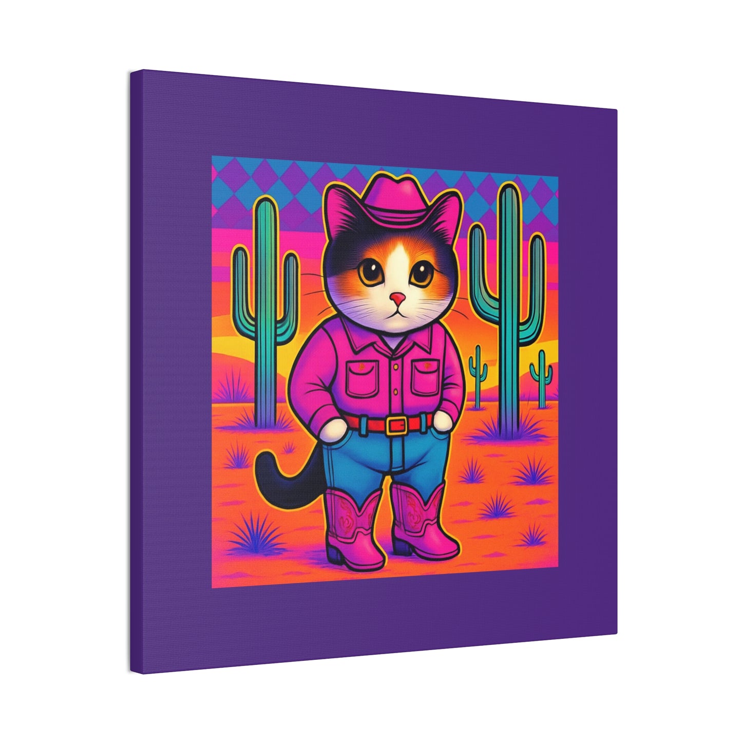 Bright Colored Cowboy Cat with Cactus Canvas stretched 8x8