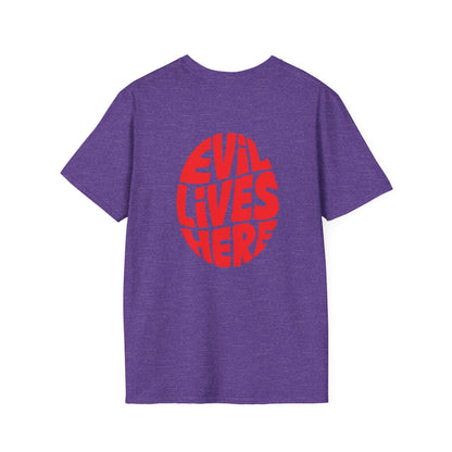 Evil Lives Here Halloween T-shirt, Spooky Retro Style, Mens