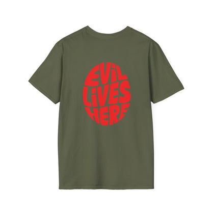 Evil Lives Here Halloween T-shirt, Spooky Retro Style, Mens