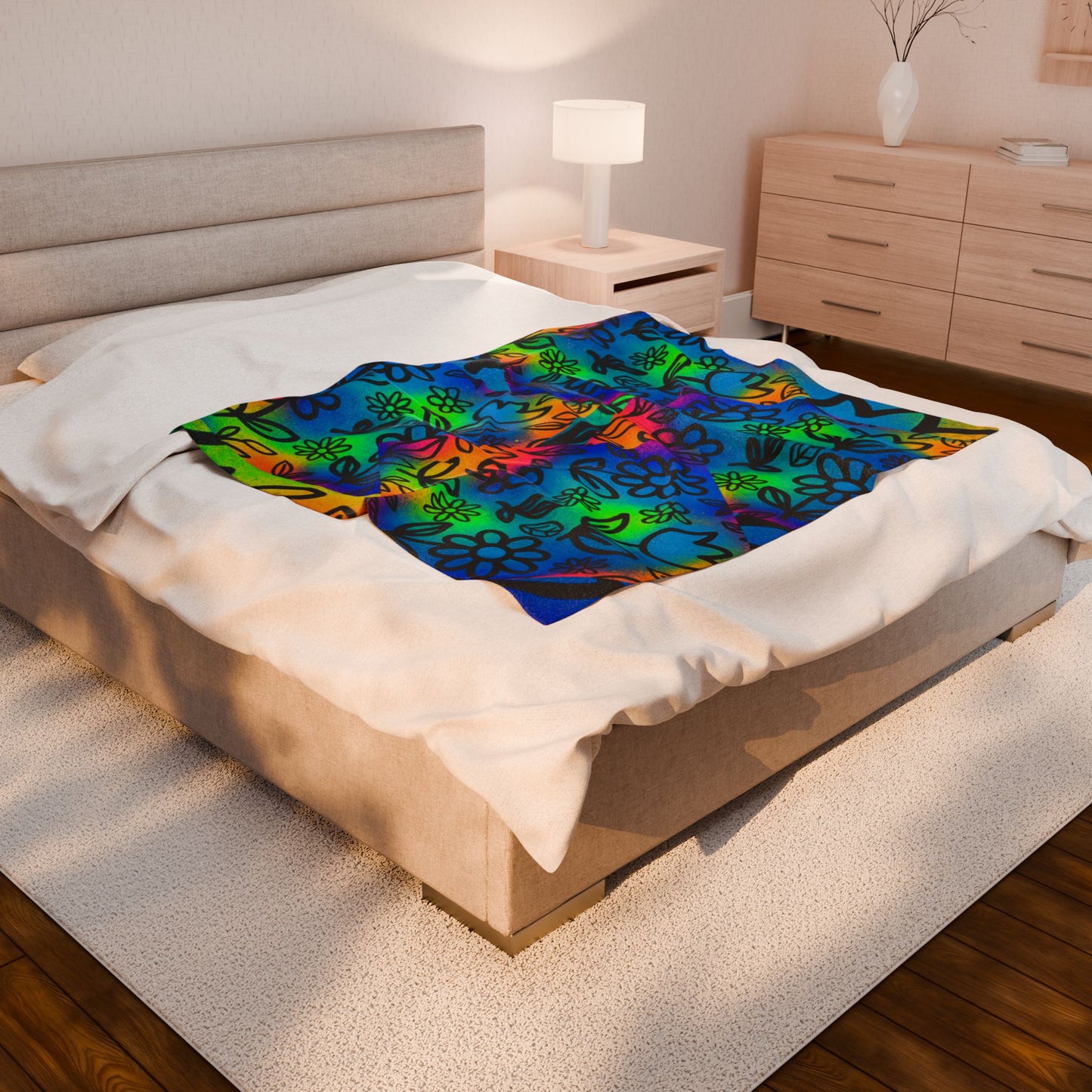 Rainbow Floral Plush Blanket | Colorful Cozy Soft Throw