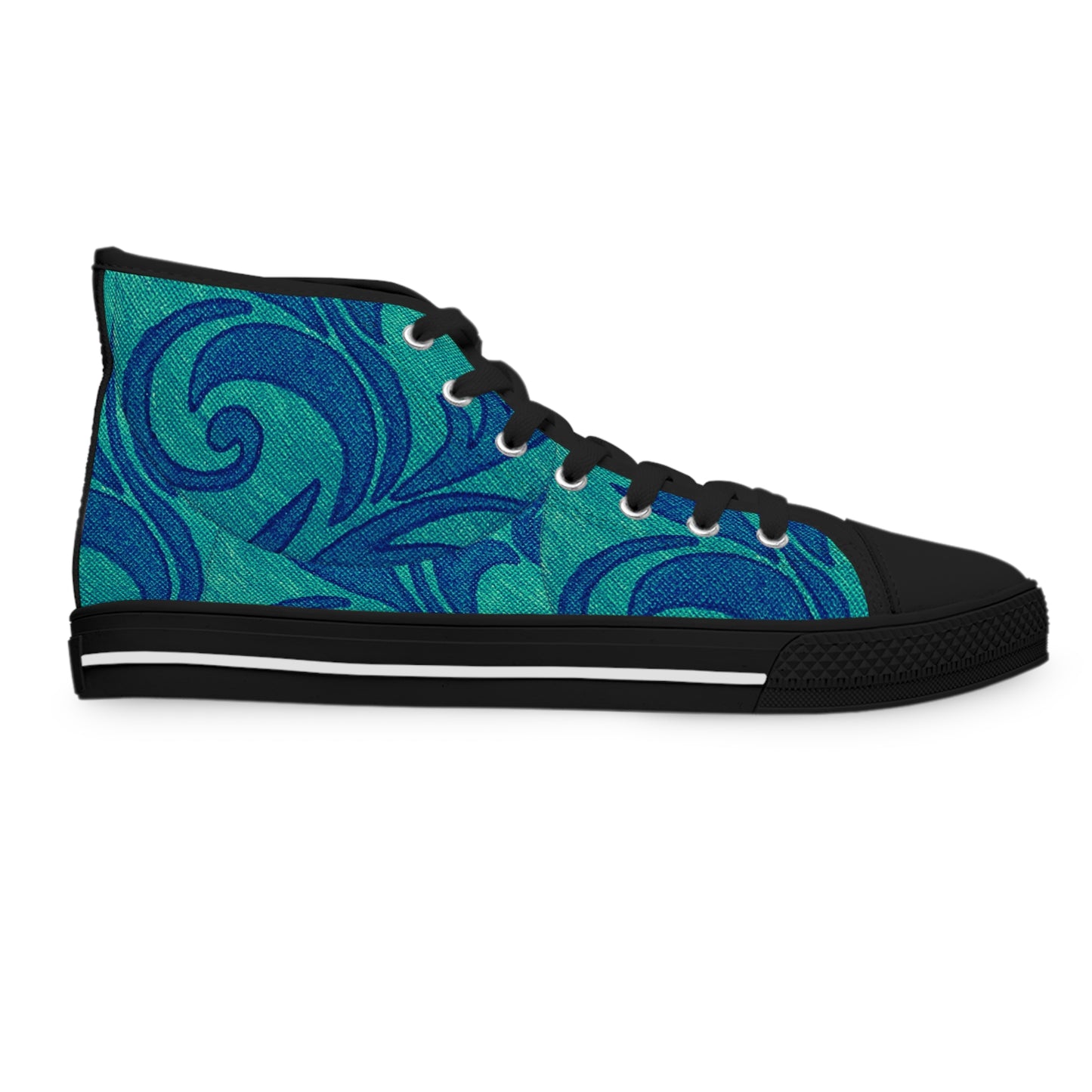 Teal Blue Swirl Pattern Women's High Top Sneakers | Abstract Floral Wave Design