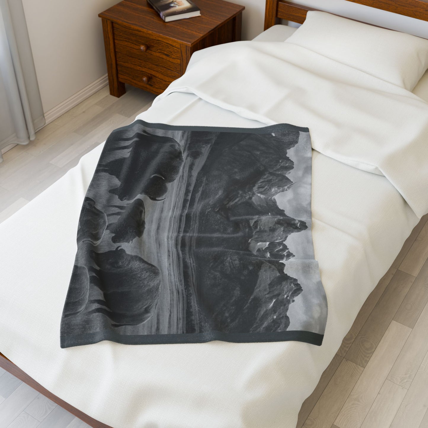 Bison Herd Mountain Landscape Blanket | Velveteen Plush Blanket