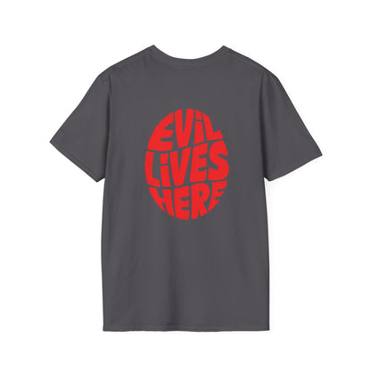 Evil Lives Here Halloween T-shirt, Spooky Retro Style, Mens