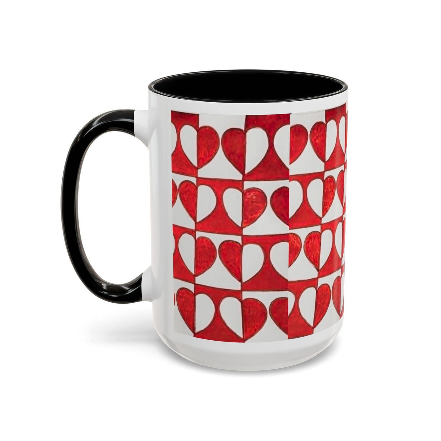 Red Heart Pattern Accent Coffee Mug | Checkerboard Valentine Ceramic Mug