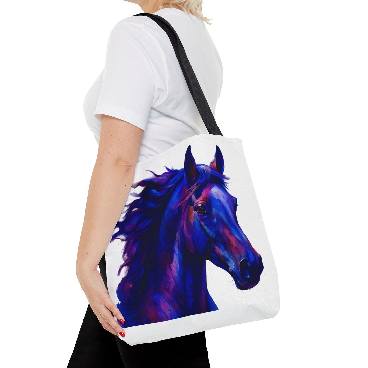 Bold Horse Tote Bag, Vibrant Blue & Purple Wild Spirit Artwork