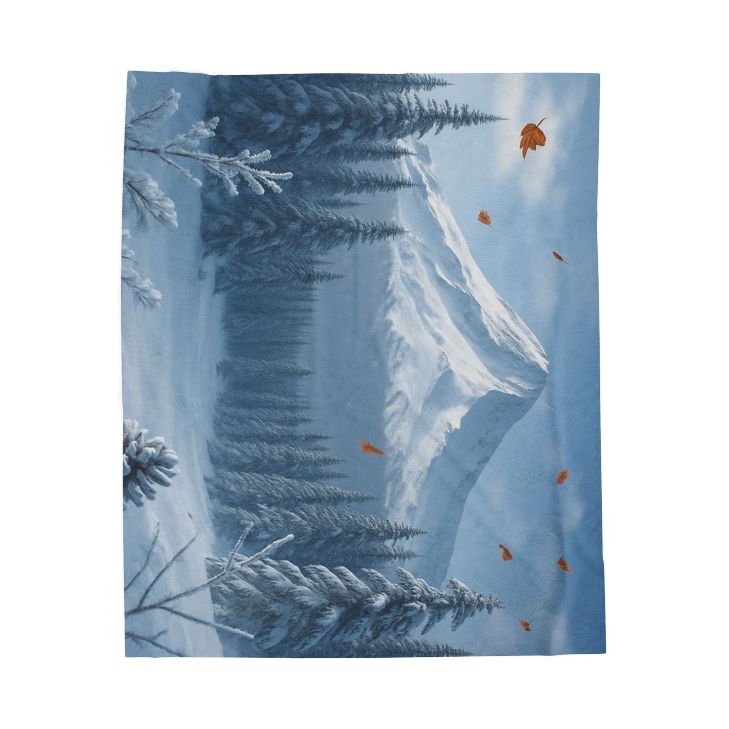 Snowy Mountain Landscape Velveteen Plush Blanket | Winter Pines Scene