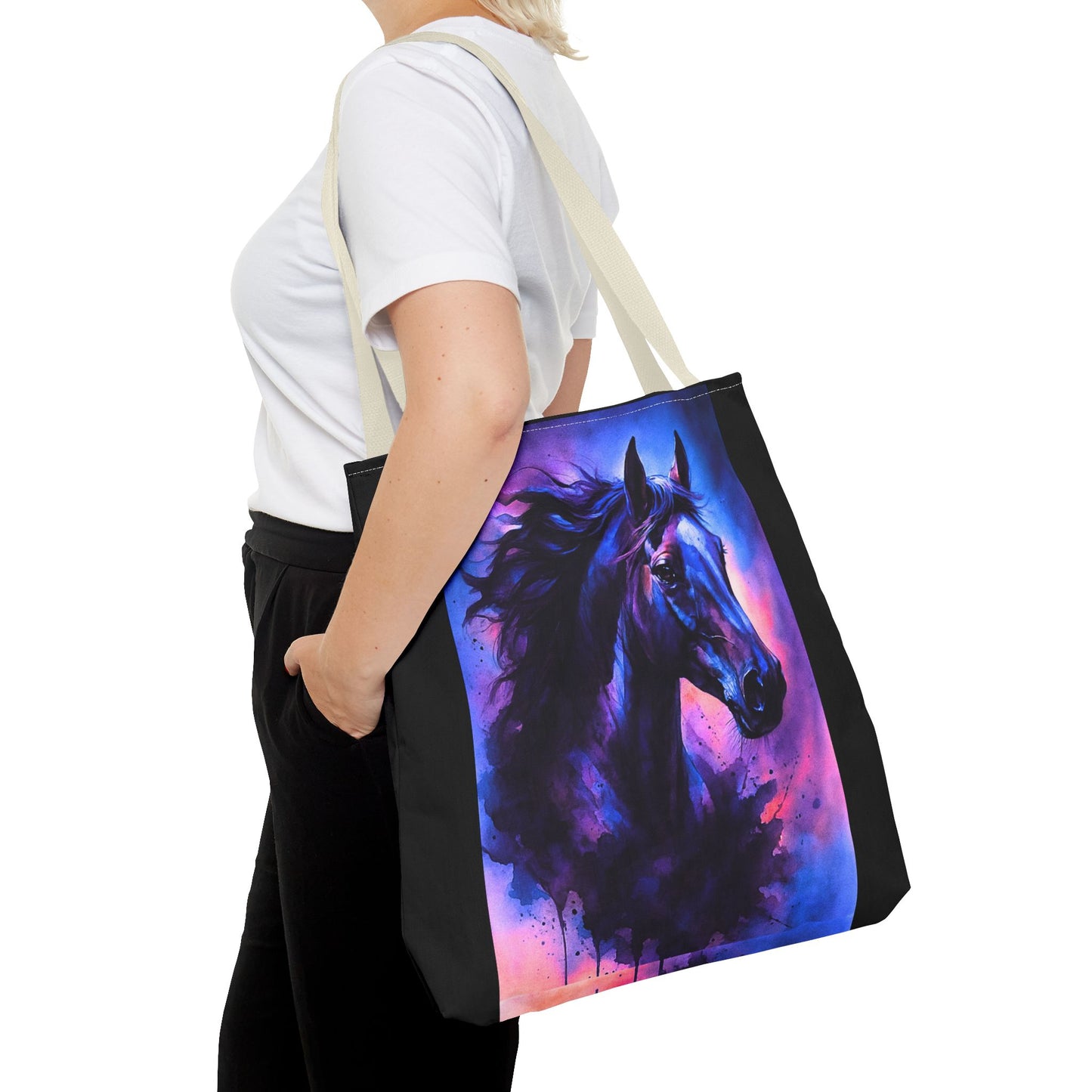 Bold Horse Tote Bag, Vibrant Blue & Purple Wild Spirit Artwork