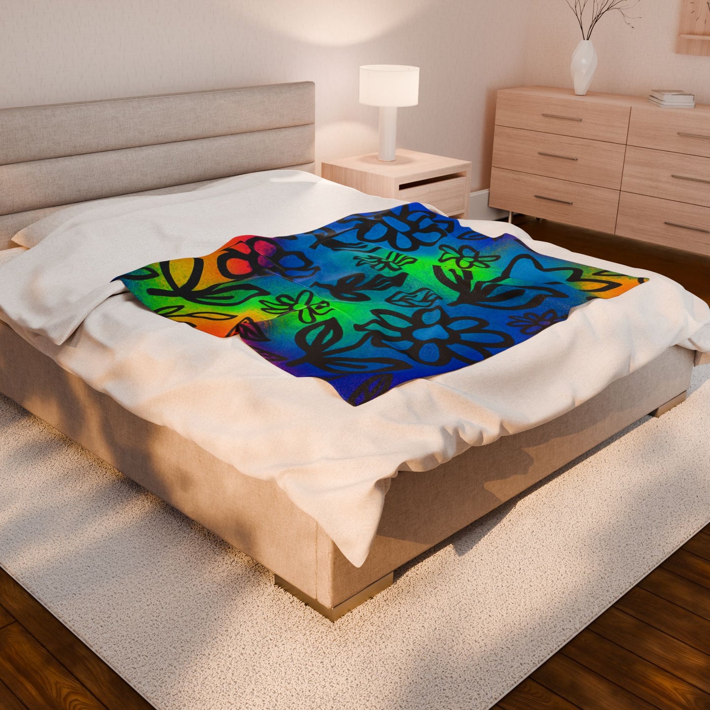 Rainbow Floral Plush Blanket | Colorful Cozy Soft Throw