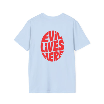Evil Lives Here Halloween T-shirt, Spooky Retro Style, Mens