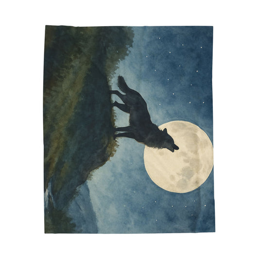 Wolf Silhouette Moon Blanket | Night Sky Velveteen Plush Blanket