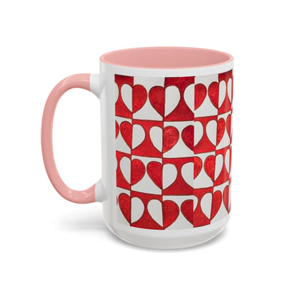 Red Heart Pattern Accent Coffee Mug | Checkerboard Valentine Ceramic Mug
